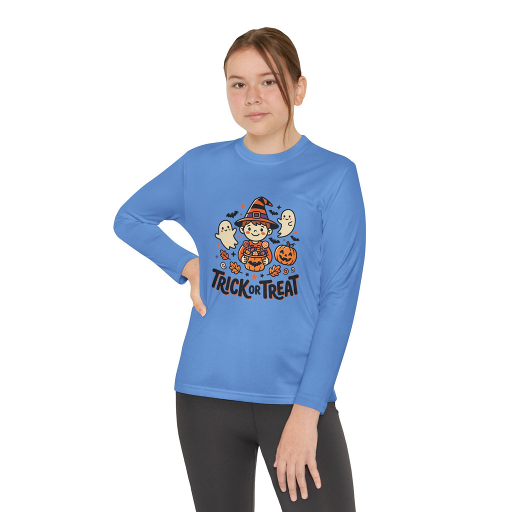 Trick or Treat Witch Kid Long Sleeve Shirt | Halloween Ghosts Pumpkins