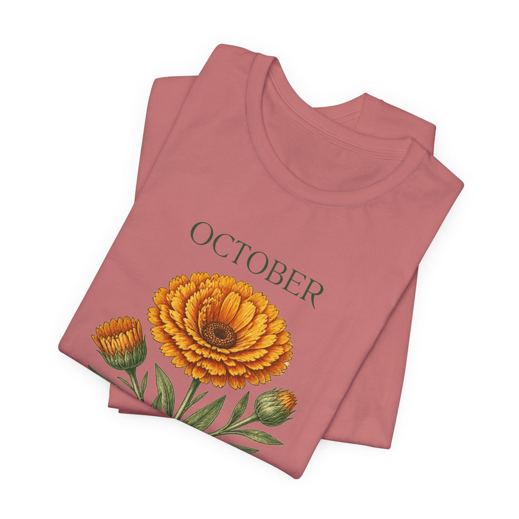 October Birth Flower Tee | Marigold & Cosmos Celestial Design | Birthday Gift
