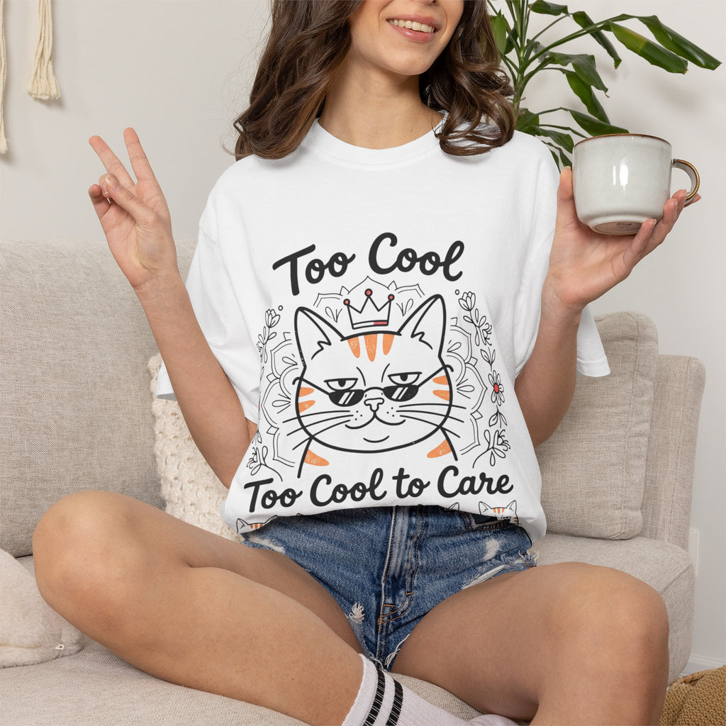 Too Cool to Care Cat T-Shirt — Crowned Tabby Graphic Tee (Gift for Cat Lovers)