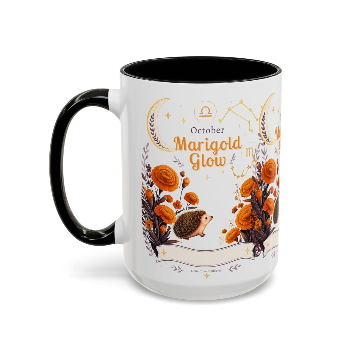 October Birth Flower Marigold Glow Accent Coffee Mug — Zodiac Libra Floral Hedgehog