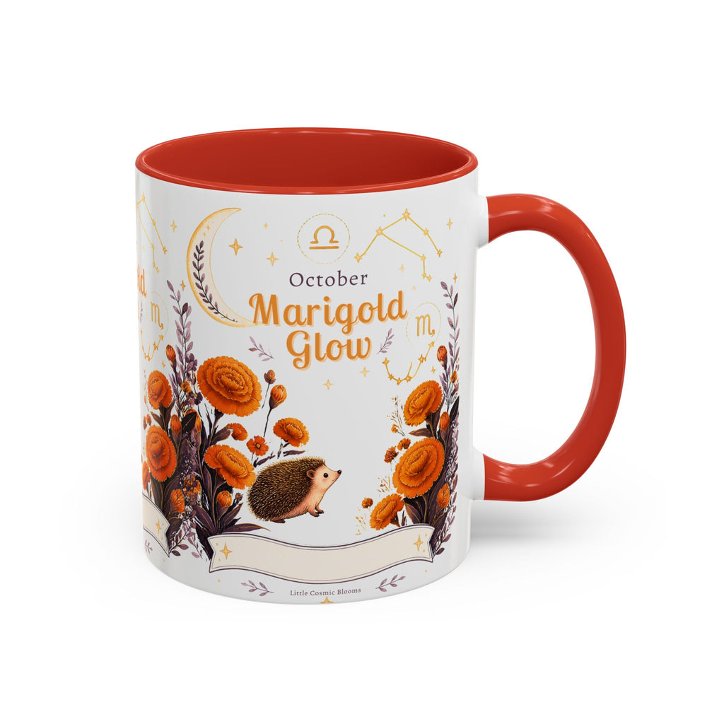 October Birth Flower Marigold Glow Accent Coffee Mug — Zodiac Libra Floral Hedgehog