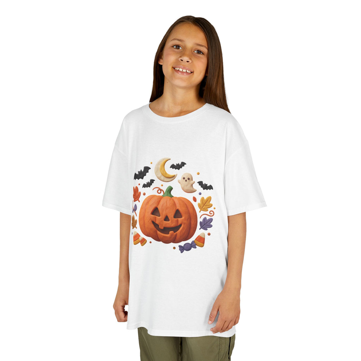 Jack-o'-Lantern Pumpkin Kids Tee | Halloween Ghosts, Bats, Moon, Autumn Leaves