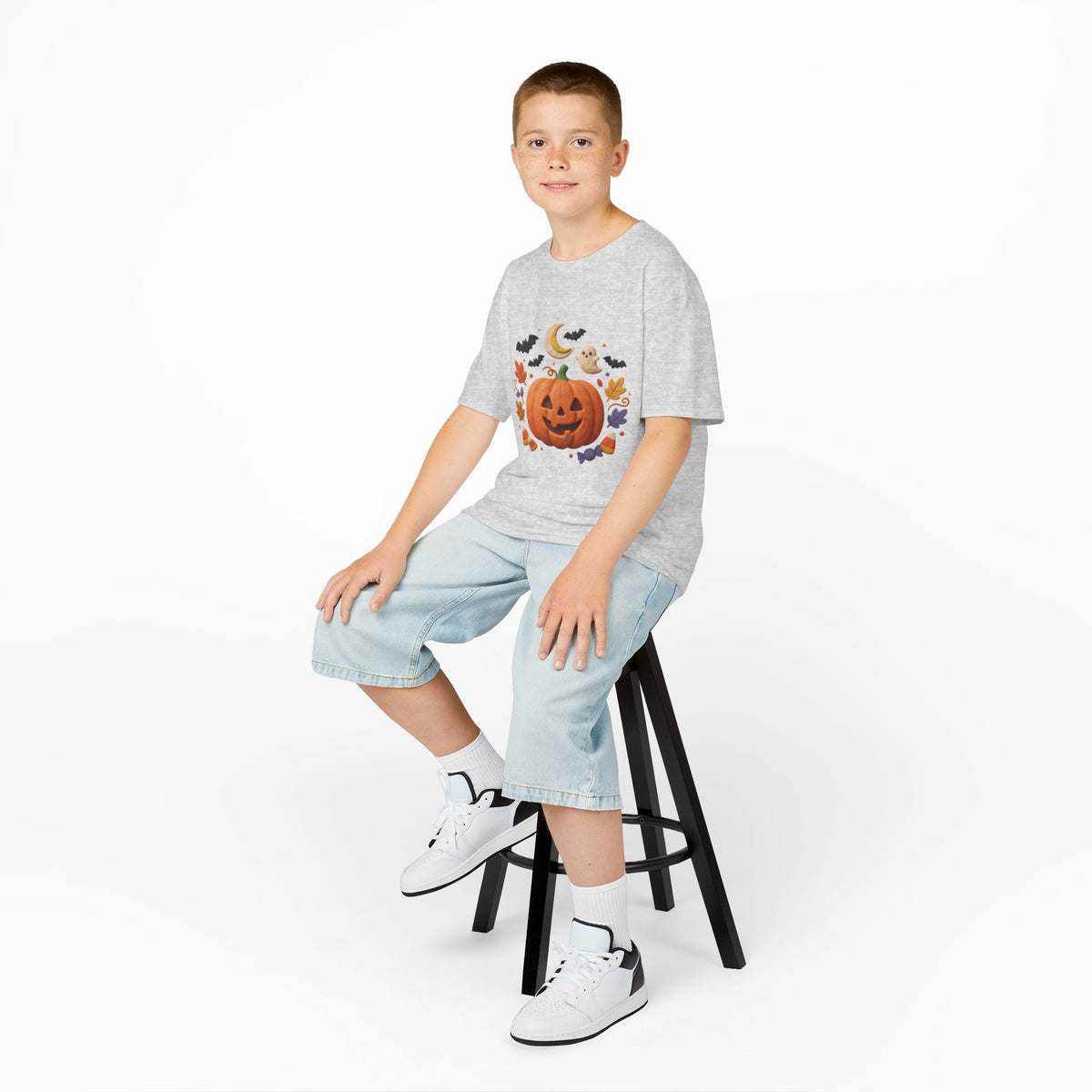 Jack-o'-Lantern Pumpkin Kids Tee | Halloween Ghosts, Bats, Moon, Autumn Leaves