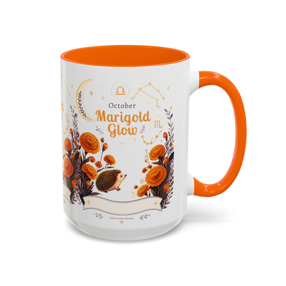 October Birth Flower Marigold Glow Accent Coffee Mug — Zodiac Libra Floral Hedgehog