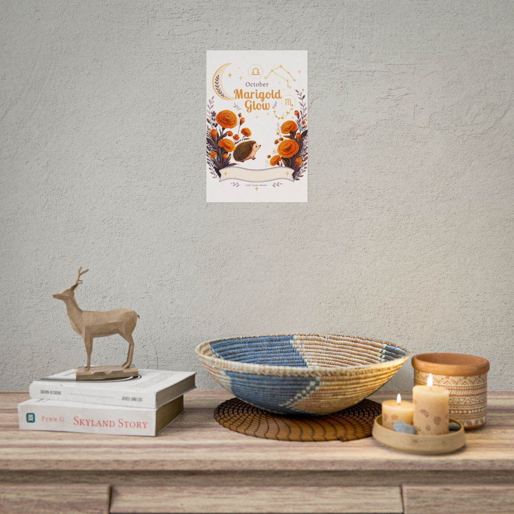October Birth Flower, Marigold Glow Poster — Zodiac Libra/Hedgehog Wall Art