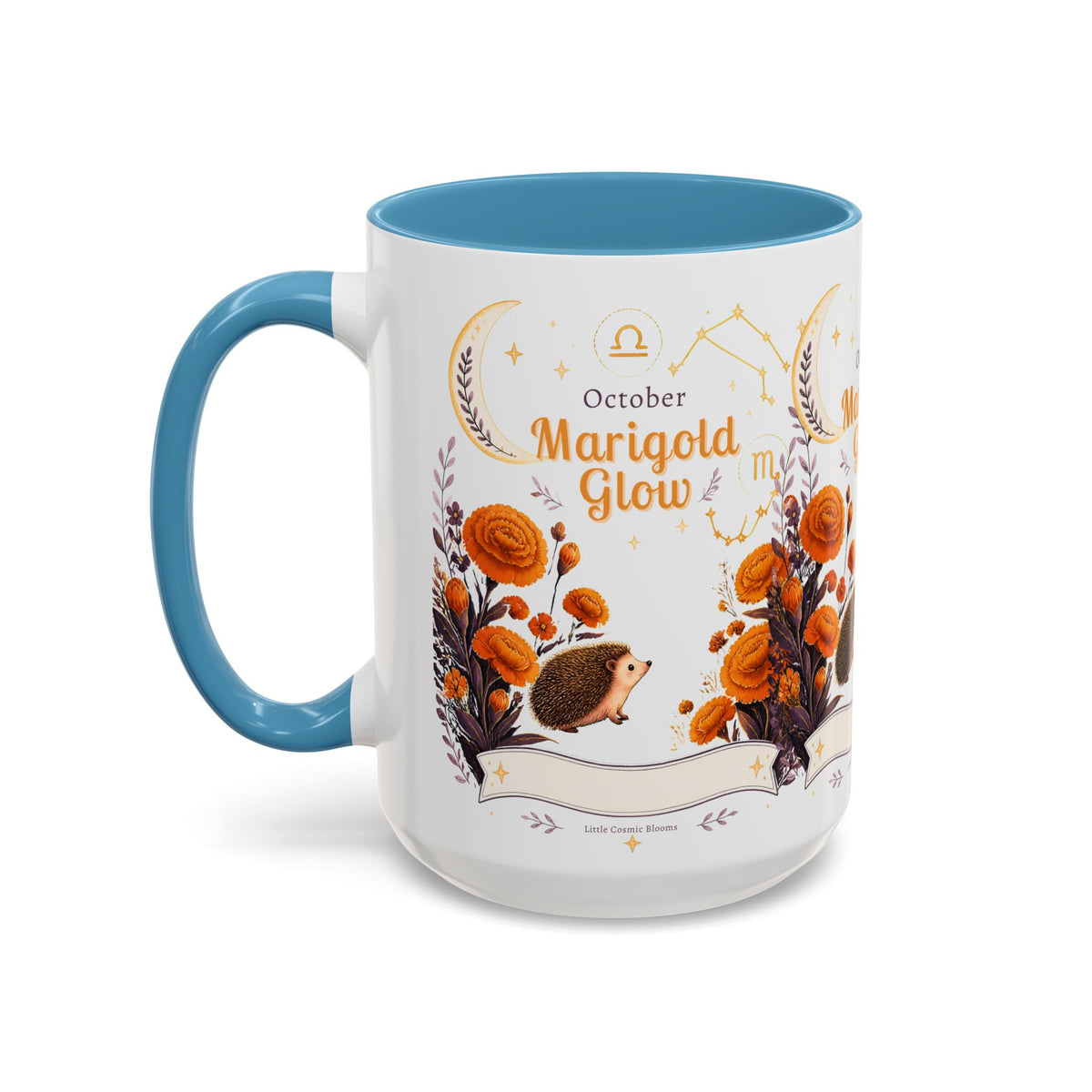October Birth Flower Marigold Glow Accent Coffee Mug — Zodiac Libra Floral Hedgehog