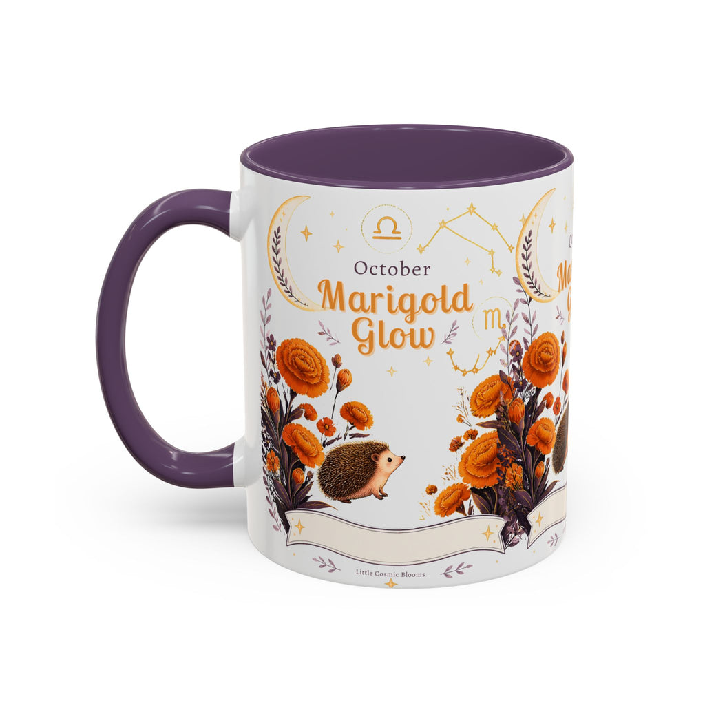 October Birth Flower Marigold Glow Accent Coffee Mug — Zodiac Libra Floral Hedgehog