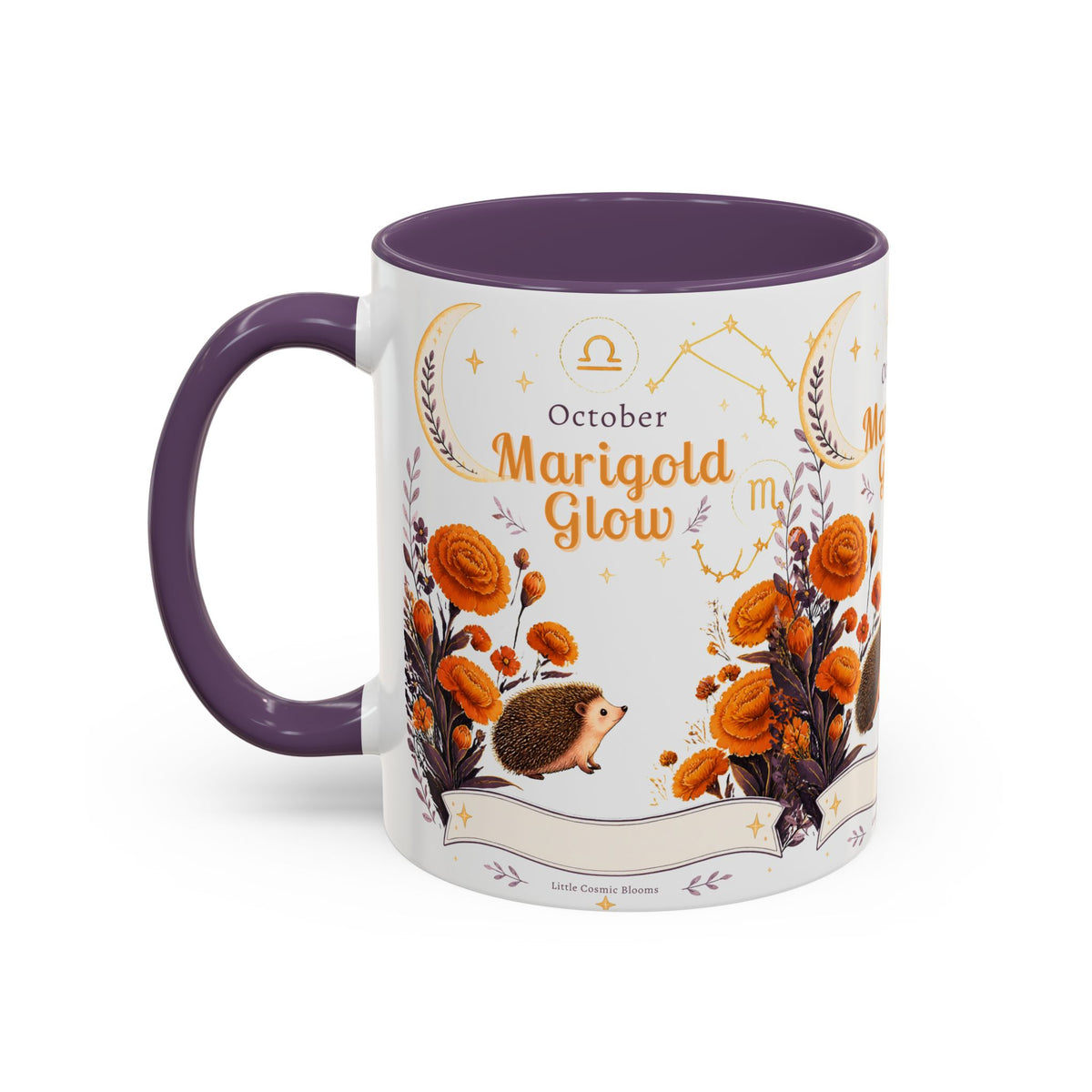 October Birth Flower Marigold Glow Accent Coffee Mug — Zodiac Libra Floral Hedgehog