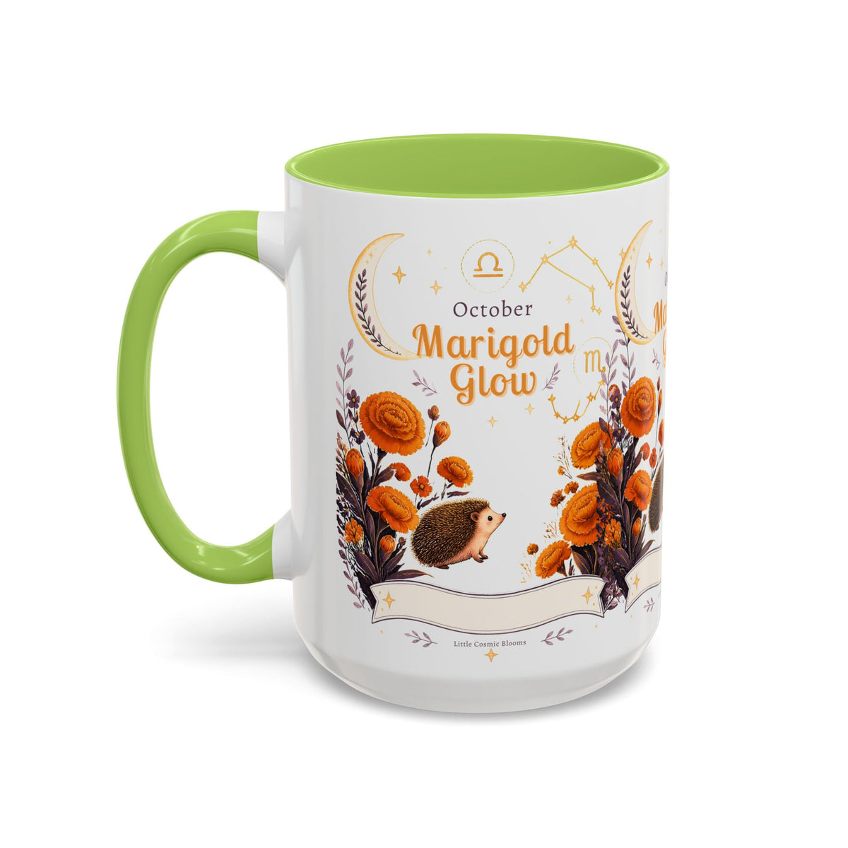 October Birth Flower Marigold Glow Accent Coffee Mug — Zodiac Libra Floral Hedgehog