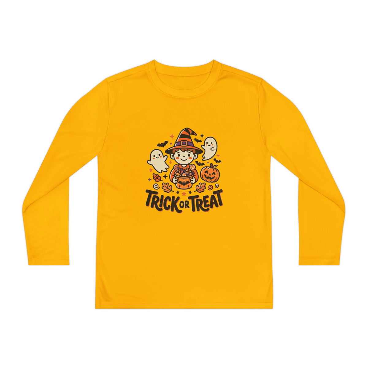 Trick or Treat Witch Kid Long Sleeve Shirt | Halloween Ghosts Pumpkins