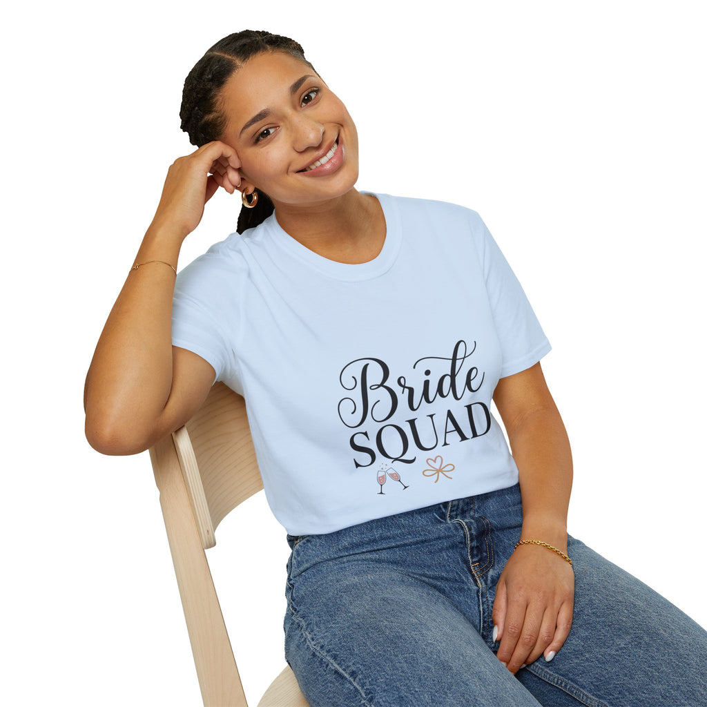 Bride Squad T-Shirt — Bachelorette Party Bridesmaid Tee with Champagne Icons