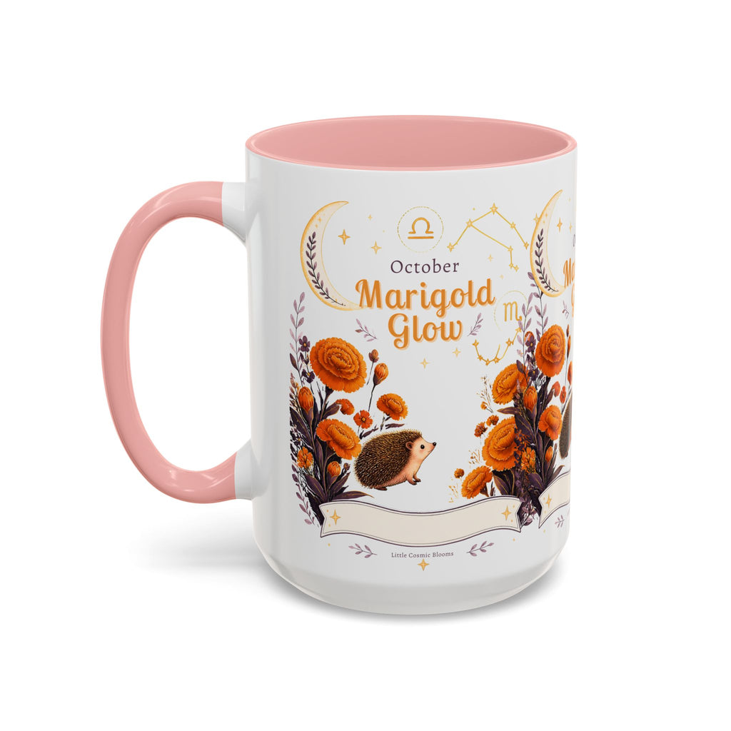 October Birth Flower Marigold Glow Accent Coffee Mug — Zodiac Libra Floral Hedgehog