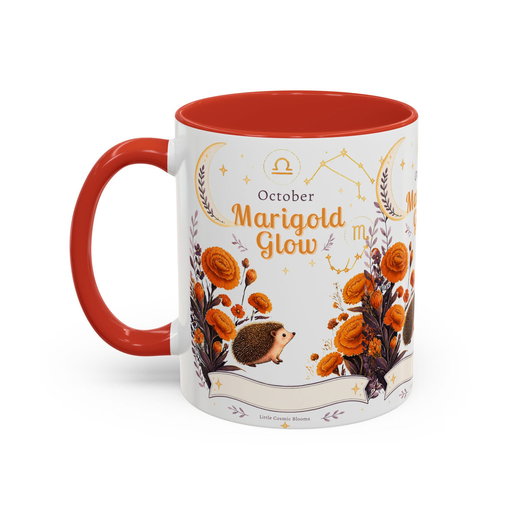 October Birth Flower Marigold Glow Accent Coffee Mug — Zodiac Libra Floral Hedgehog