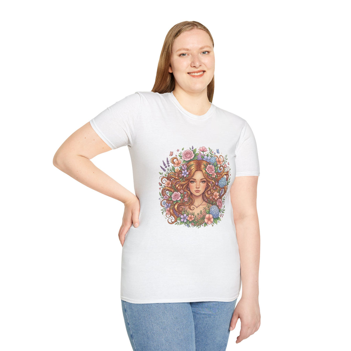 Floral Maiden T-Shirt — Vintage Boho Woman with Flowers Graphic