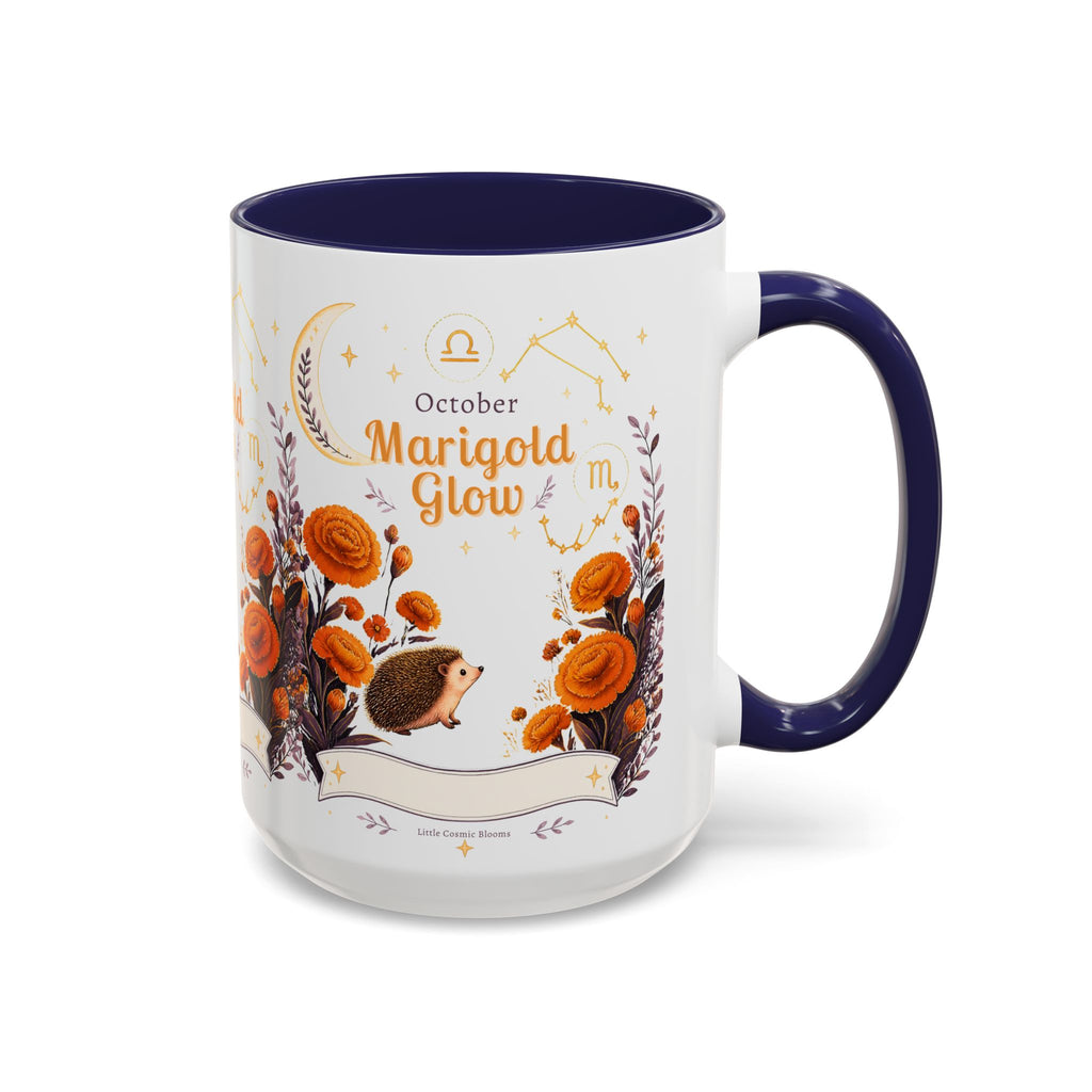 October Birth Flower Marigold Glow Accent Coffee Mug — Zodiac Libra Floral Hedgehog