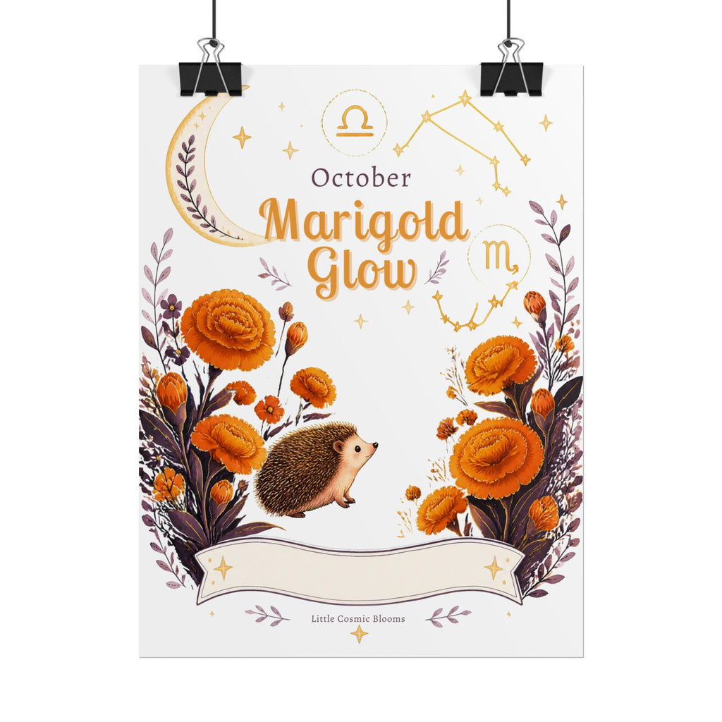 October Birth Flower, Marigold Glow Poster — Zodiac Libra/Hedgehog Wall Art