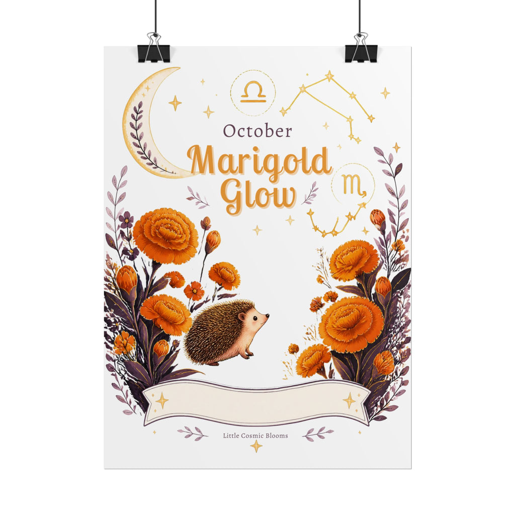 October Birth Flower, Marigold Glow Poster — Zodiac Libra/Hedgehog Wall Art