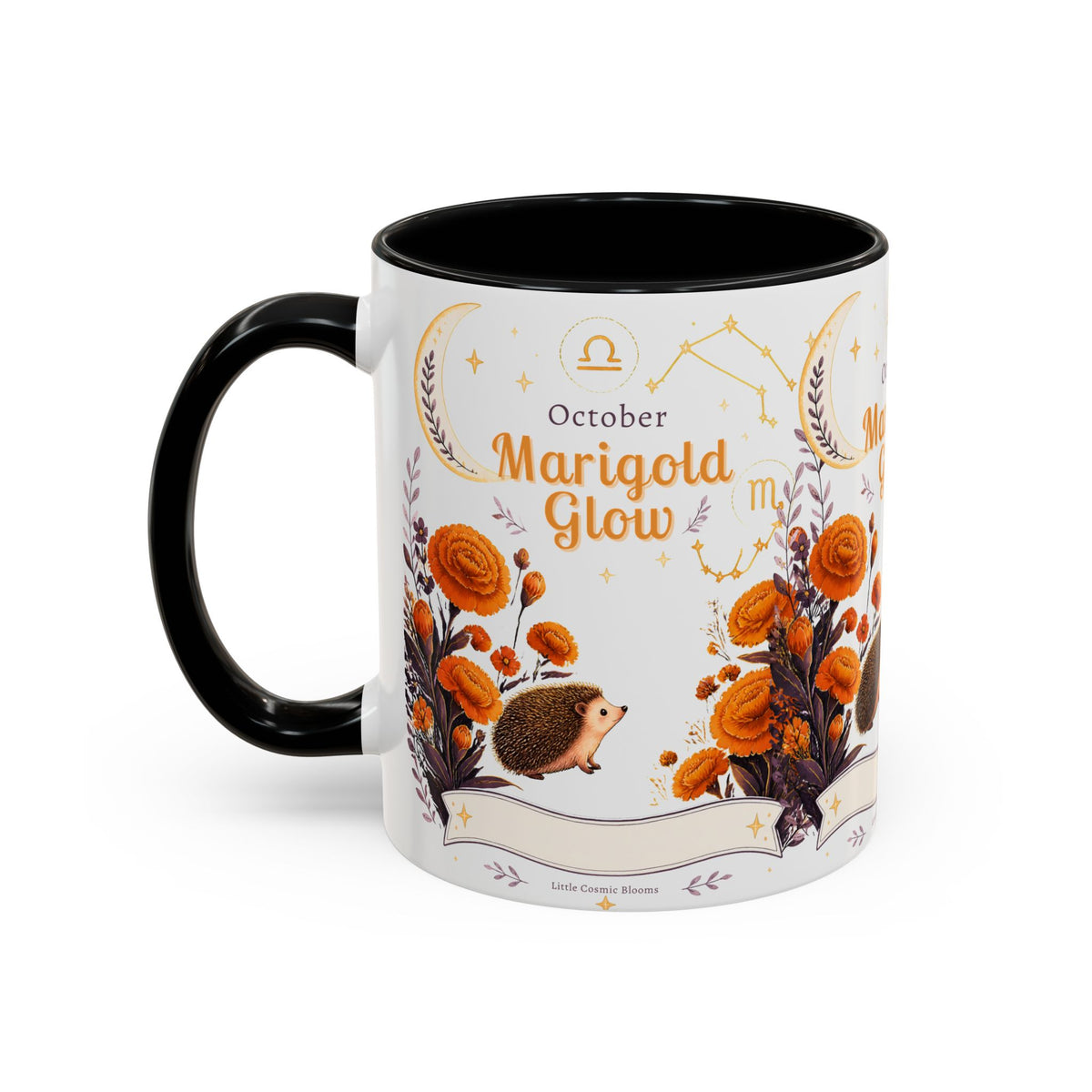 October Birth Flower Marigold Glow Accent Coffee Mug — Zodiac Libra Floral Hedgehog