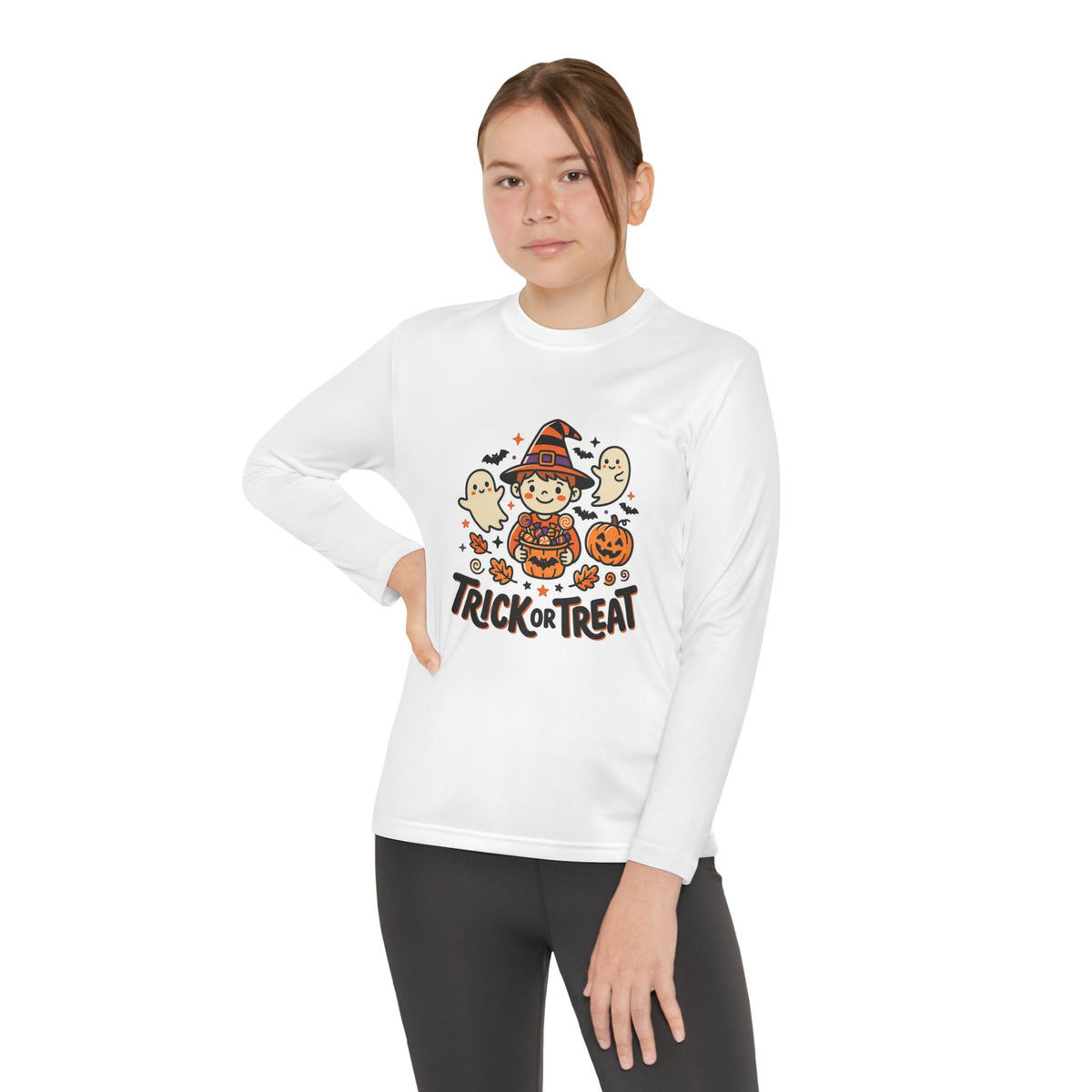 Trick or Treat Witch Kid Long Sleeve Shirt | Halloween Ghosts Pumpkins