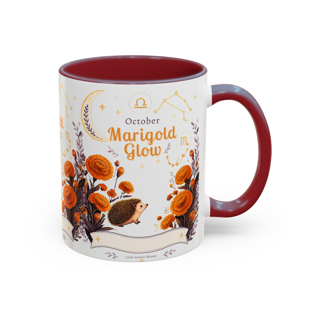 October Birth Flower Marigold Glow Accent Coffee Mug — Zodiac Libra Floral Hedgehog