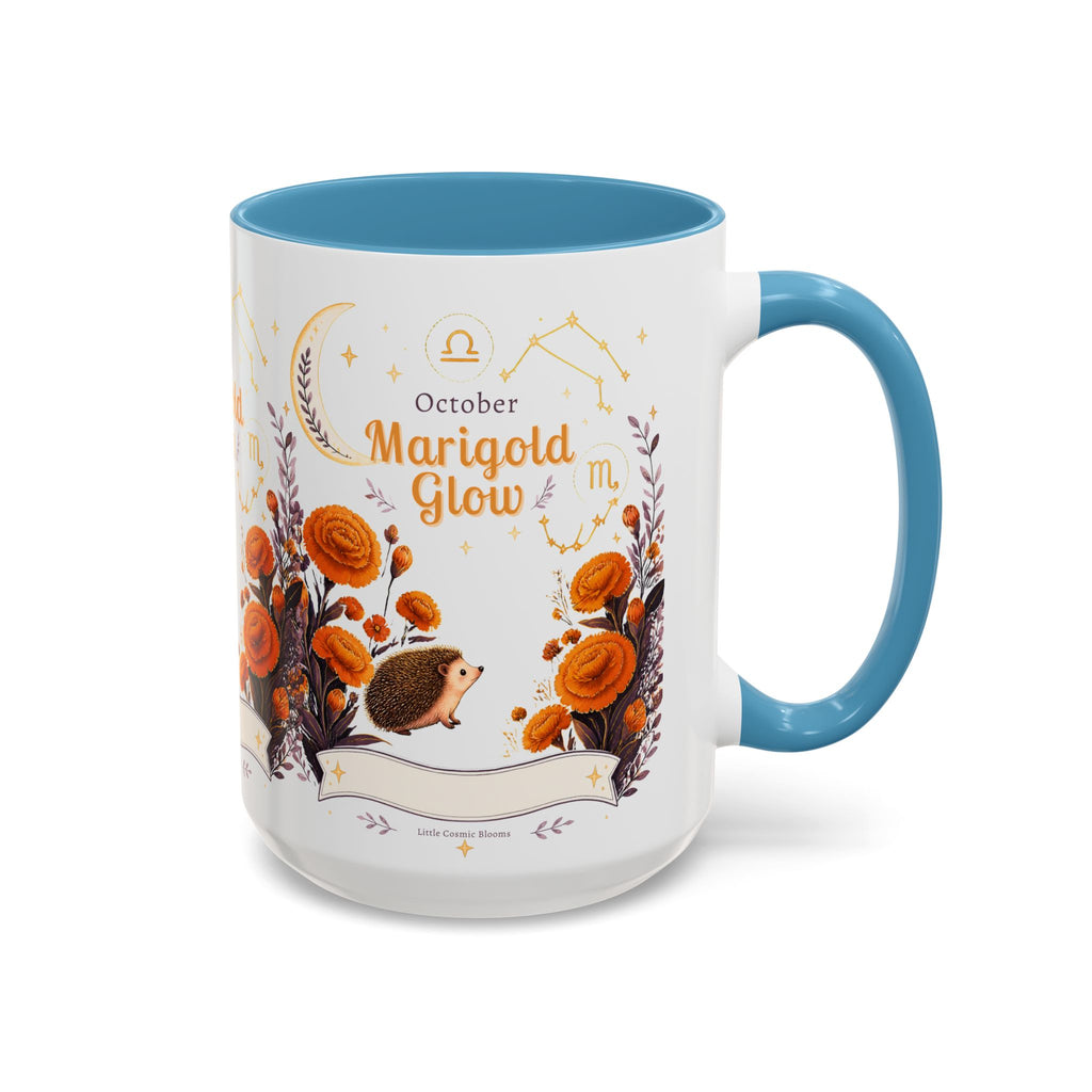October Birth Flower Marigold Glow Accent Coffee Mug — Zodiac Libra Floral Hedgehog
