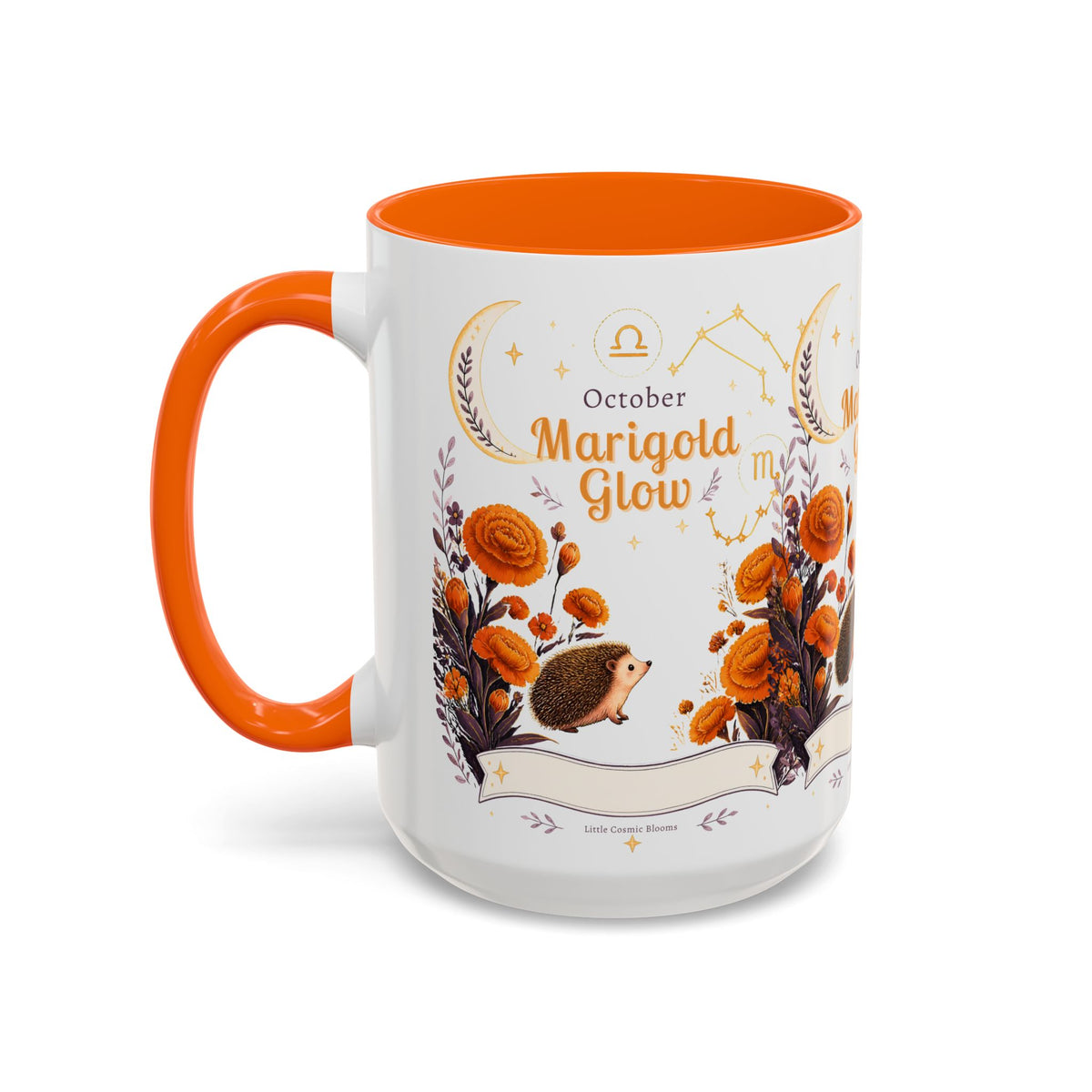 October Birth Flower Marigold Glow Accent Coffee Mug — Zodiac Libra Floral Hedgehog