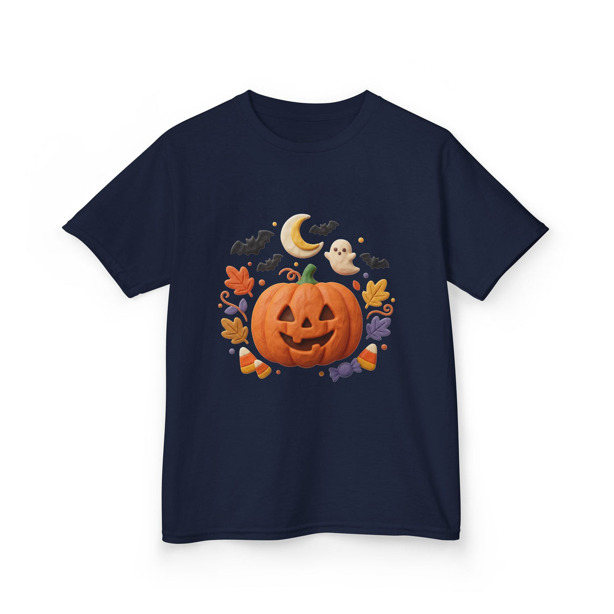 Jack-o'-Lantern Pumpkin Kids Tee | Halloween Ghosts, Bats, Moon, Autumn Leaves