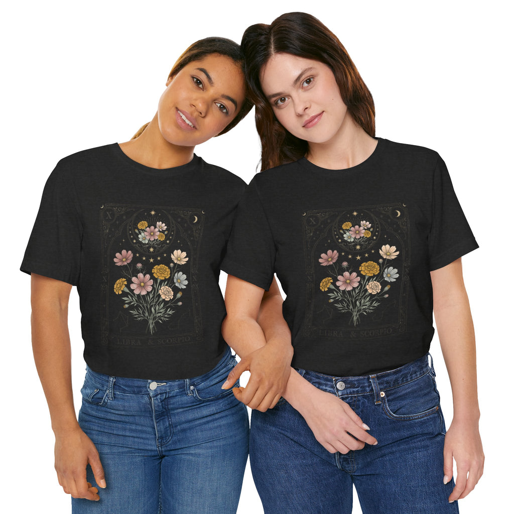 Libra & Scorpio Floral Zodiac T‑Shirt — Botanical Horoscope Tee