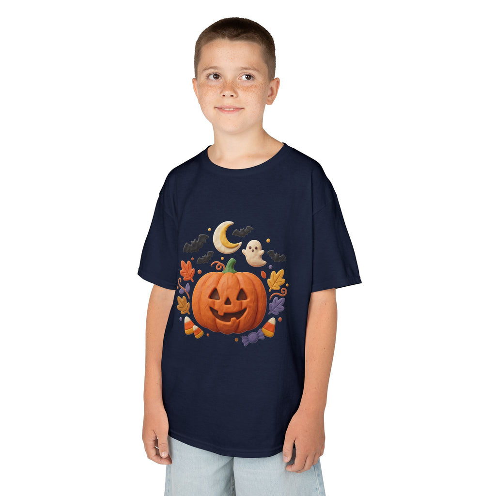 Jack-o'-Lantern Pumpkin Kids Tee | Halloween Ghosts, Bats, Moon, Autumn Leaves