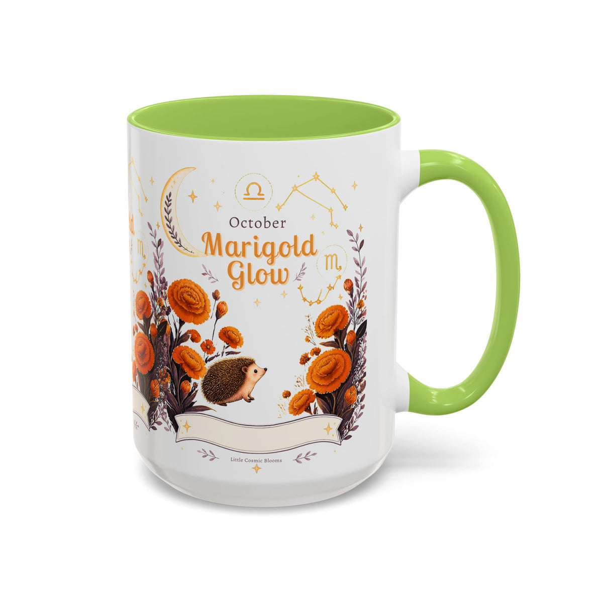 October Birth Flower Marigold Glow Accent Coffee Mug — Zodiac Libra Floral Hedgehog