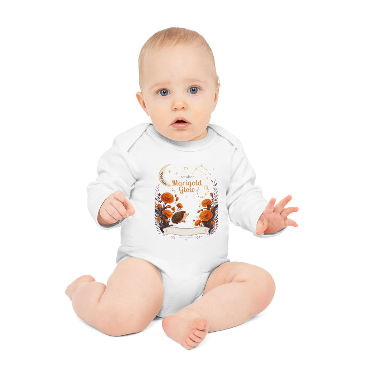 October Marigold Glow Organic Baby Bodysuit — Long‑Sleeve Floral Moon Design