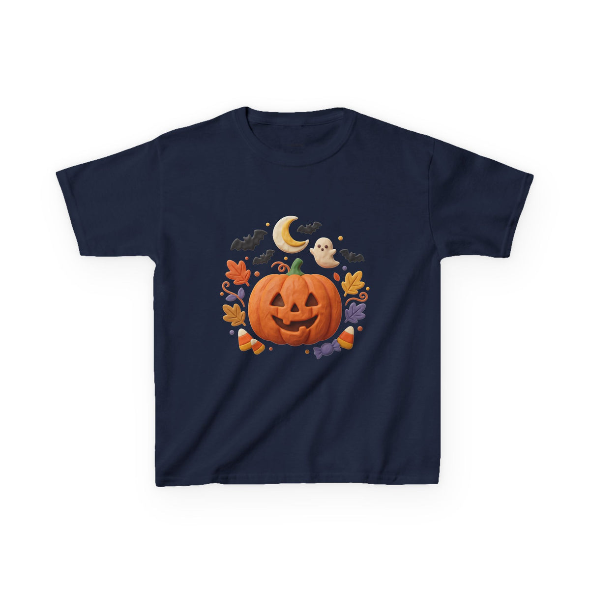 Jack-o'-Lantern Pumpkin Kids Tee | Halloween Ghosts, Bats, Moon, Autumn Leaves