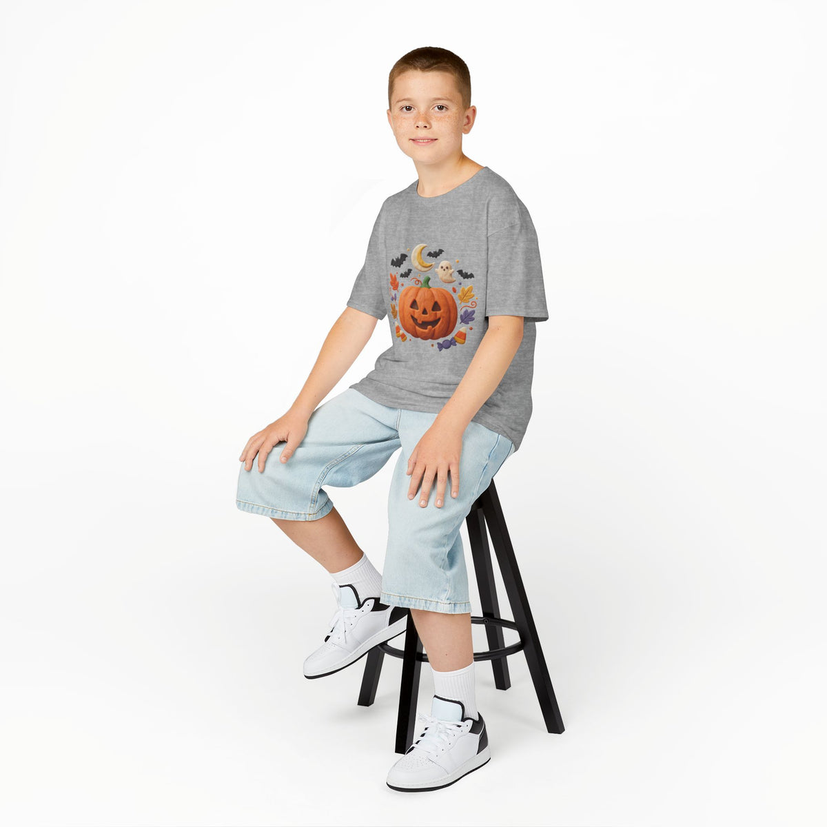 Jack-o'-Lantern Pumpkin Kids Tee | Halloween Ghosts, Bats, Moon, Autumn Leaves