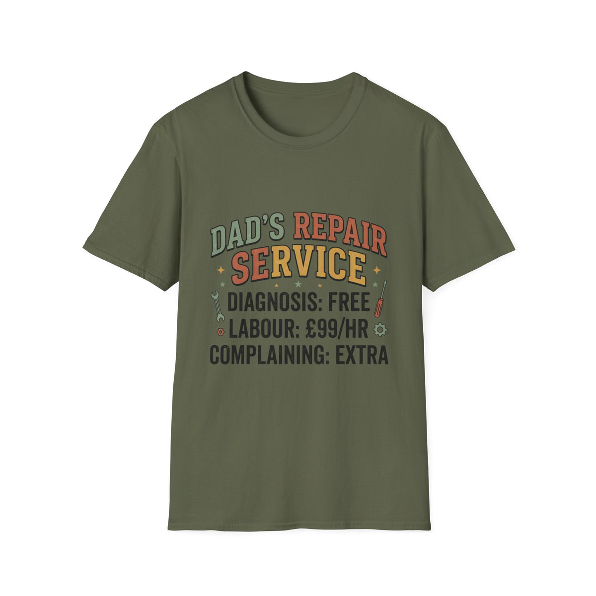 Dad's Repair Service T-Shirt | Funny Handyman Slogan, Tool Graphic