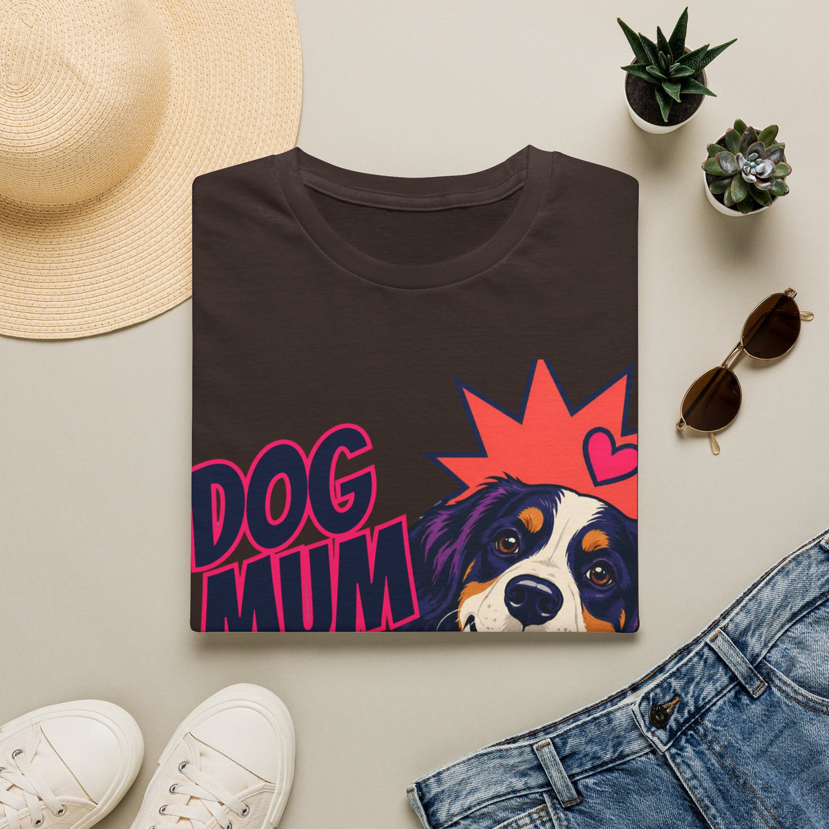 Dog Mum Pop Art T-Shirt | Happy Dog Portrait, Heart Collar