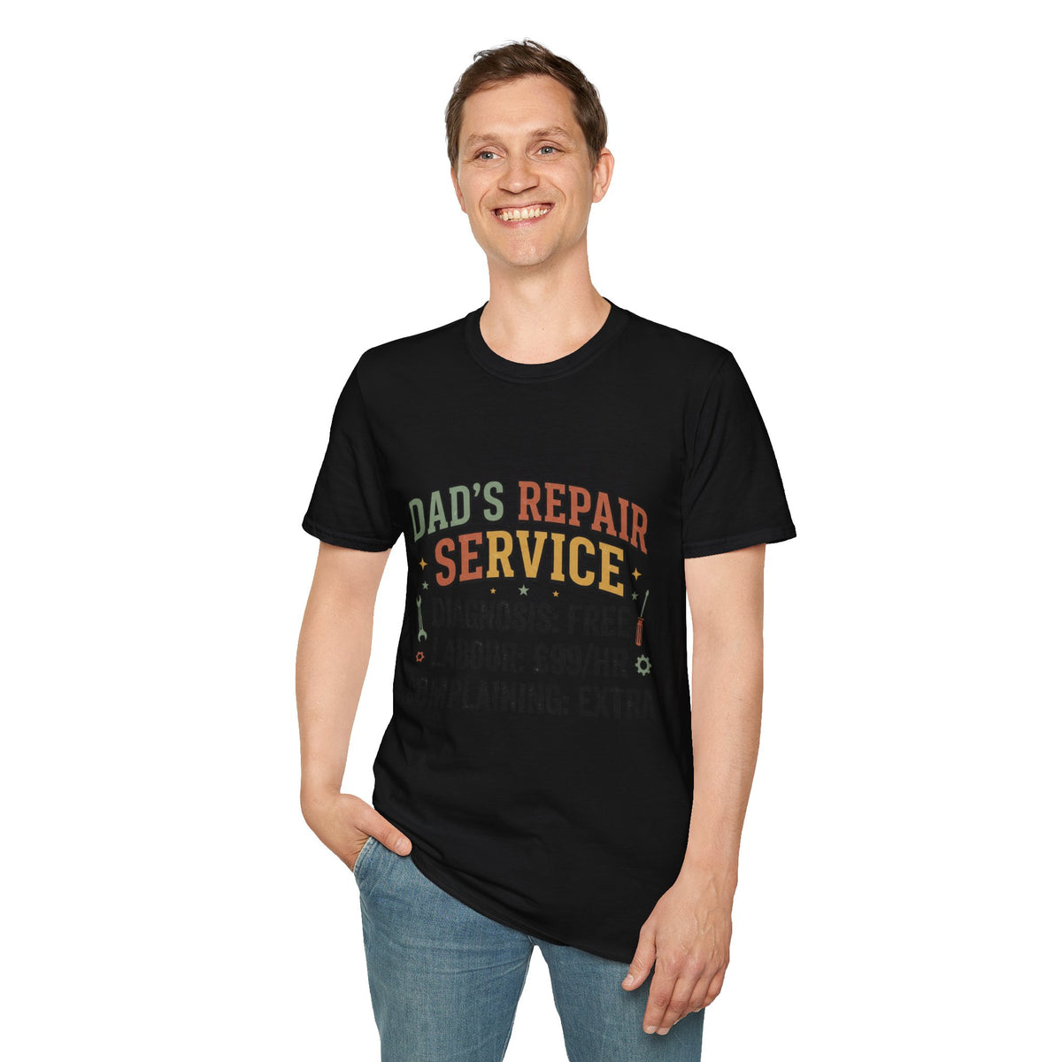 Dad's Repair Service T-Shirt | Funny Handyman Slogan, Tool Graphic