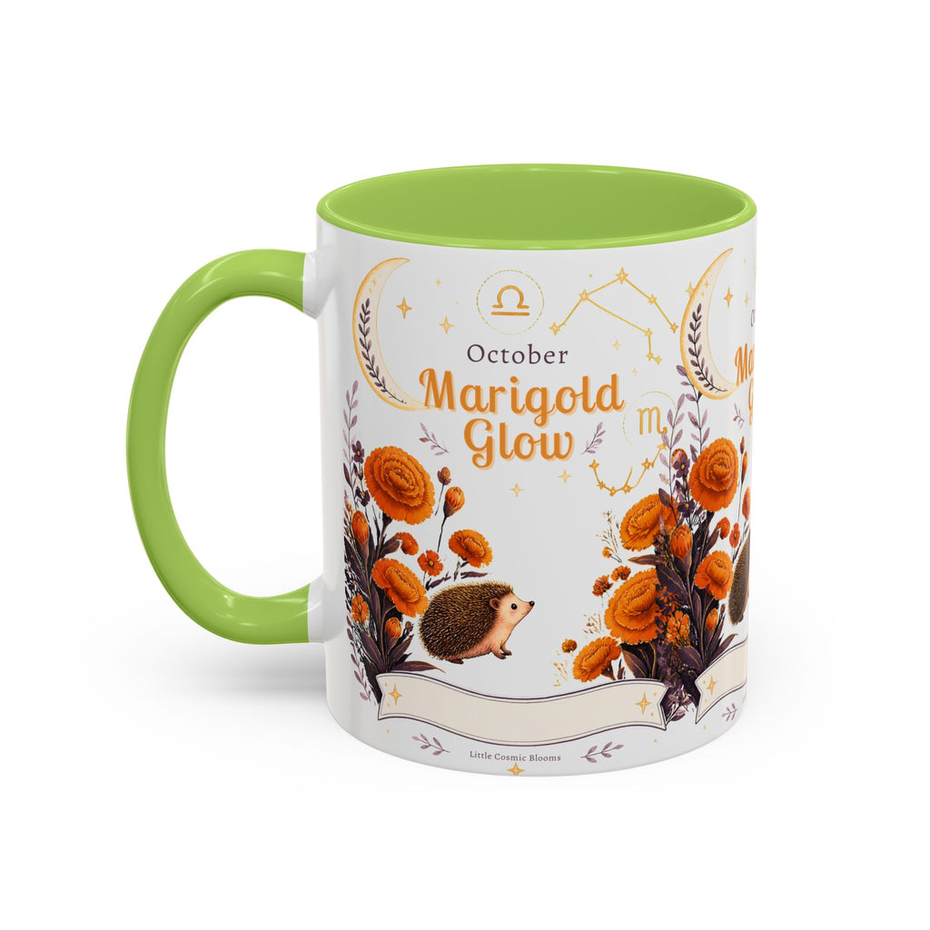October Birth Flower Marigold Glow Accent Coffee Mug — Zodiac Libra Floral Hedgehog