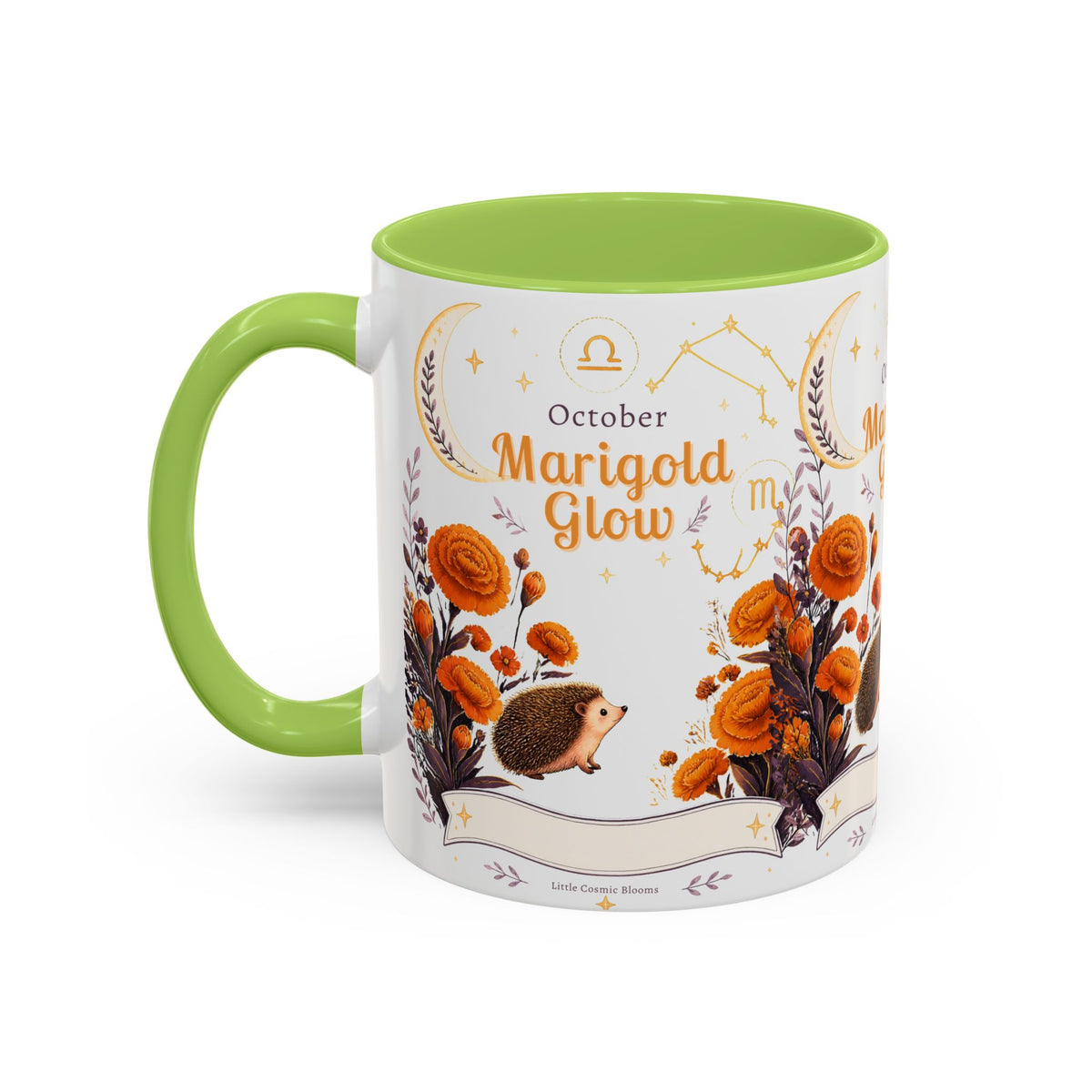 October Birth Flower Marigold Glow Accent Coffee Mug — Zodiac Libra Floral Hedgehog