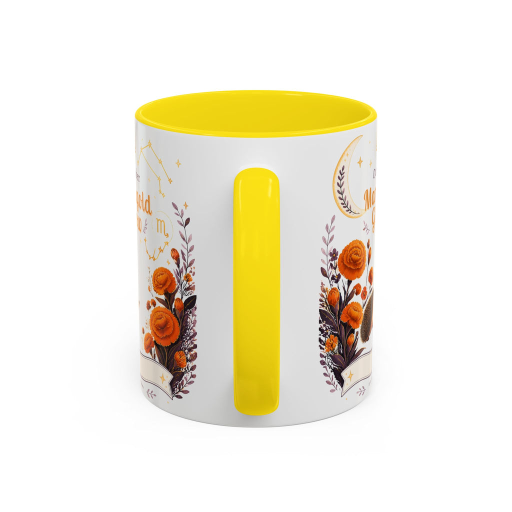 October Birth Flower Marigold Glow Accent Coffee Mug — Zodiac Libra Floral Hedgehog