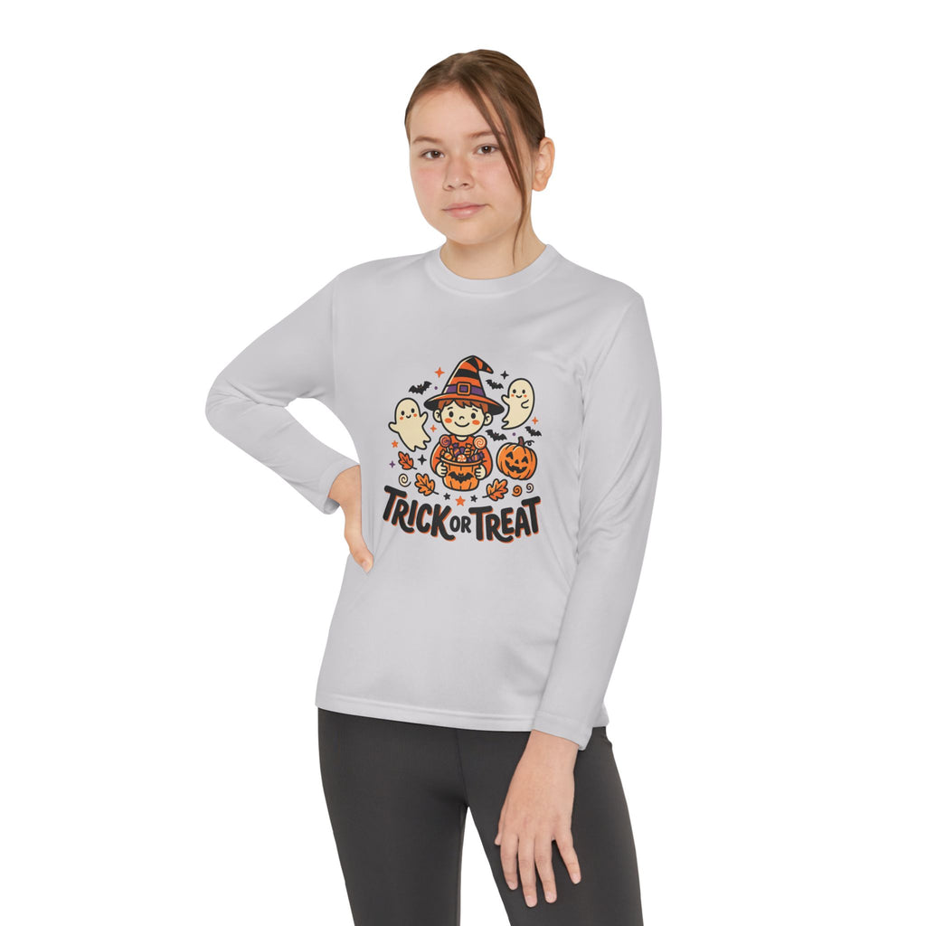 Trick or Treat Witch Kid Long Sleeve Shirt | Halloween Ghosts Pumpkins
