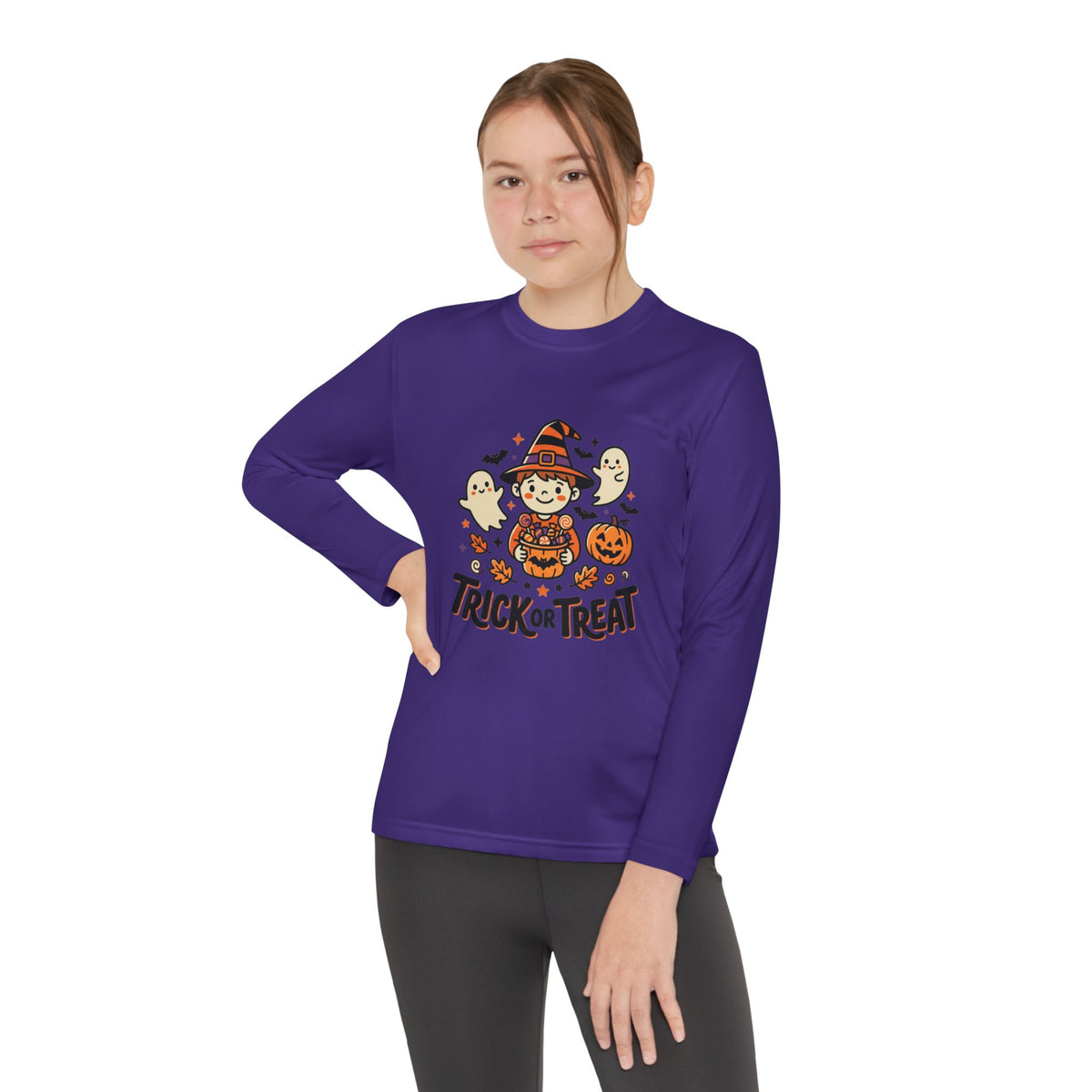 Trick or Treat Witch Kid Long Sleeve Shirt | Halloween Ghosts Pumpkins