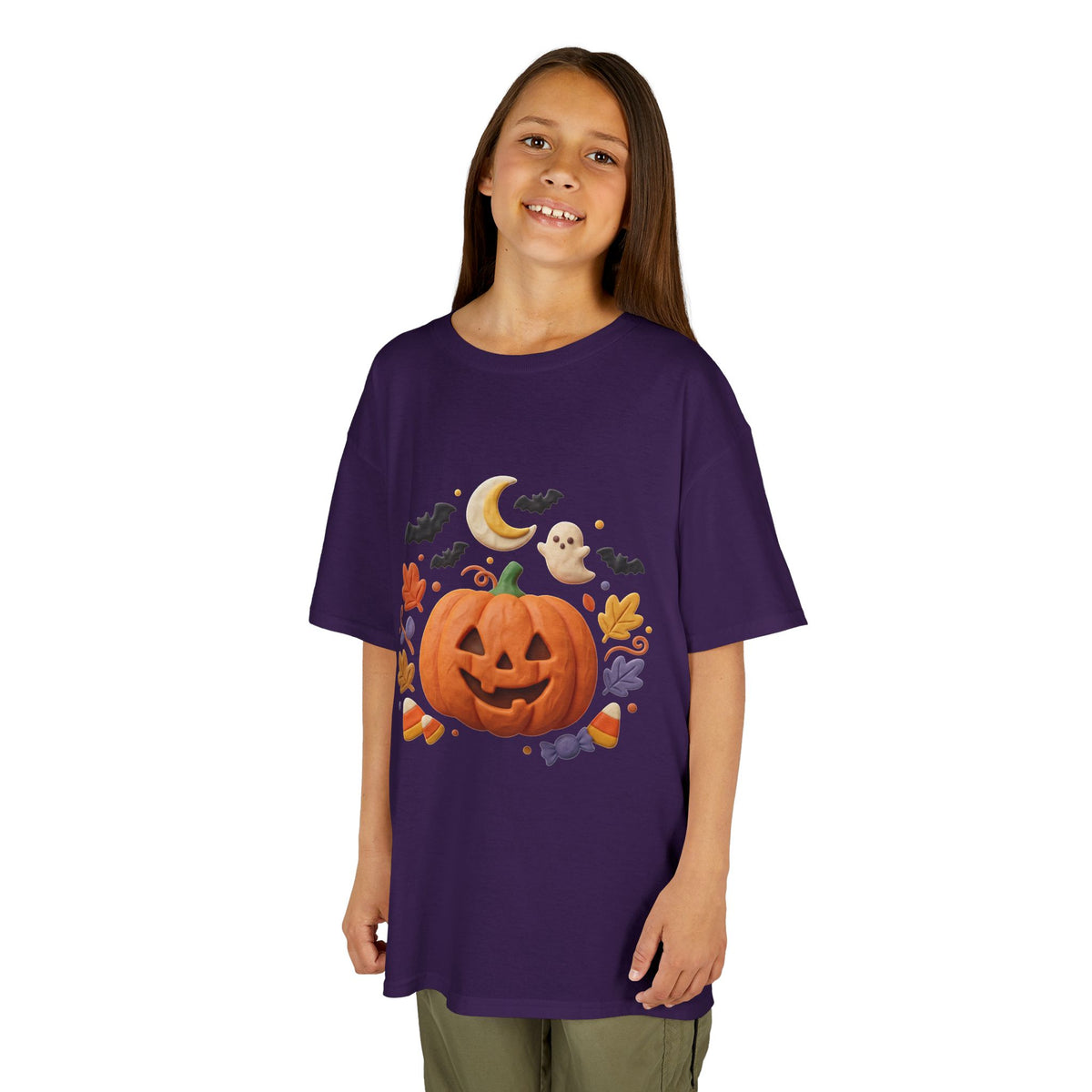 Jack-o'-Lantern Pumpkin Kids Tee | Halloween Ghosts, Bats, Moon, Autumn Leaves