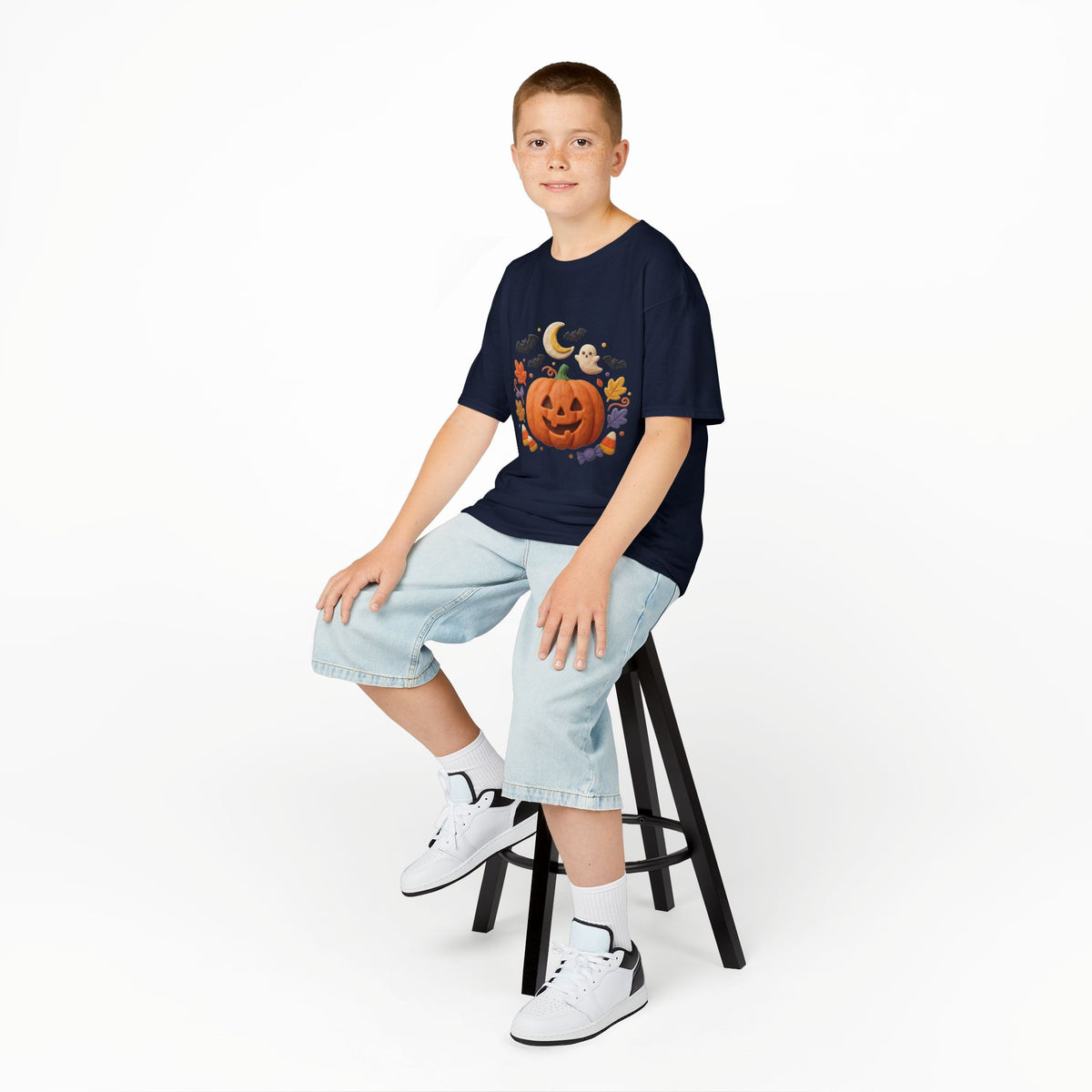 Jack-o'-Lantern Pumpkin Kids Tee | Halloween Ghosts, Bats, Moon, Autumn Leaves