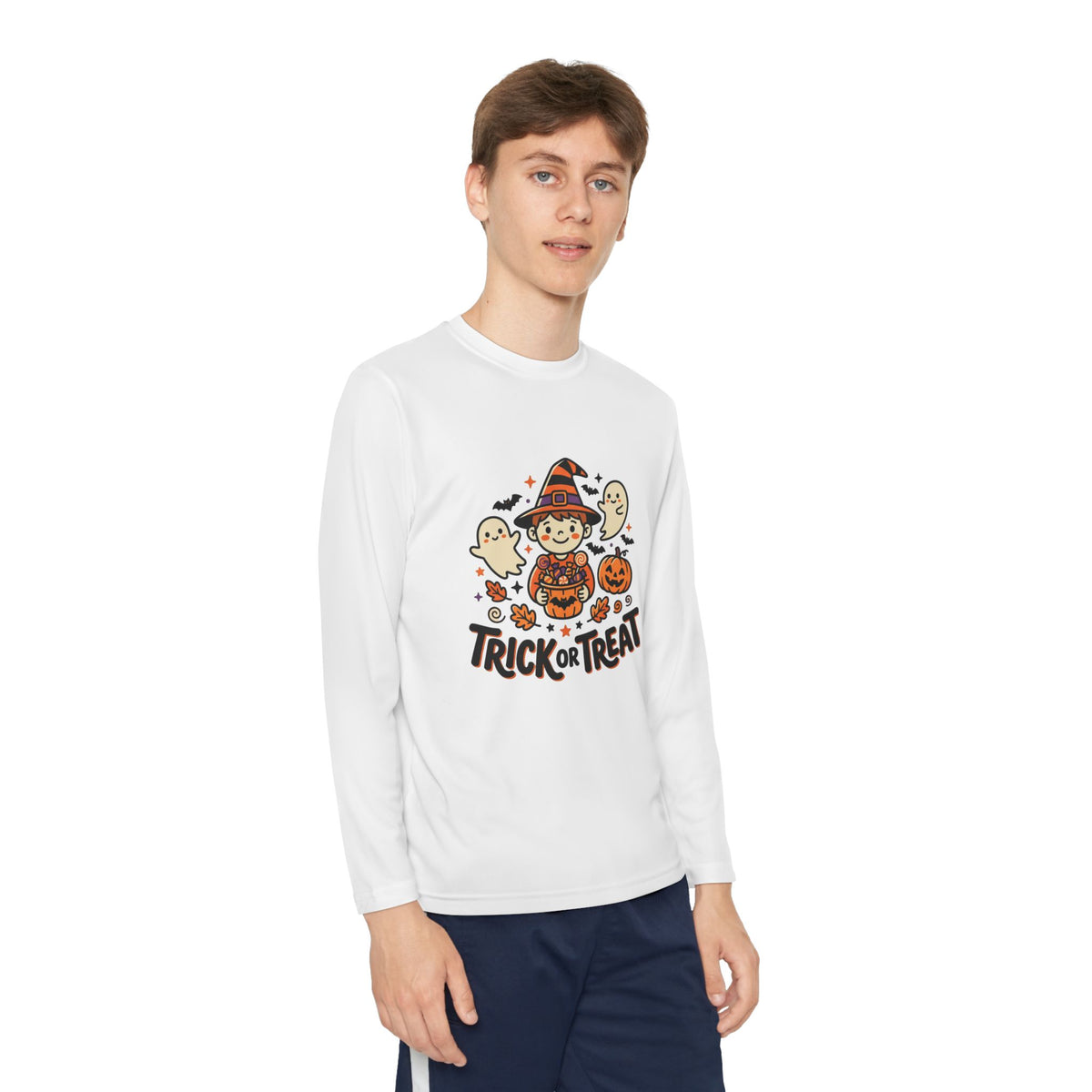 Trick or Treat Witch Kid Long Sleeve Shirt | Halloween Ghosts Pumpkins