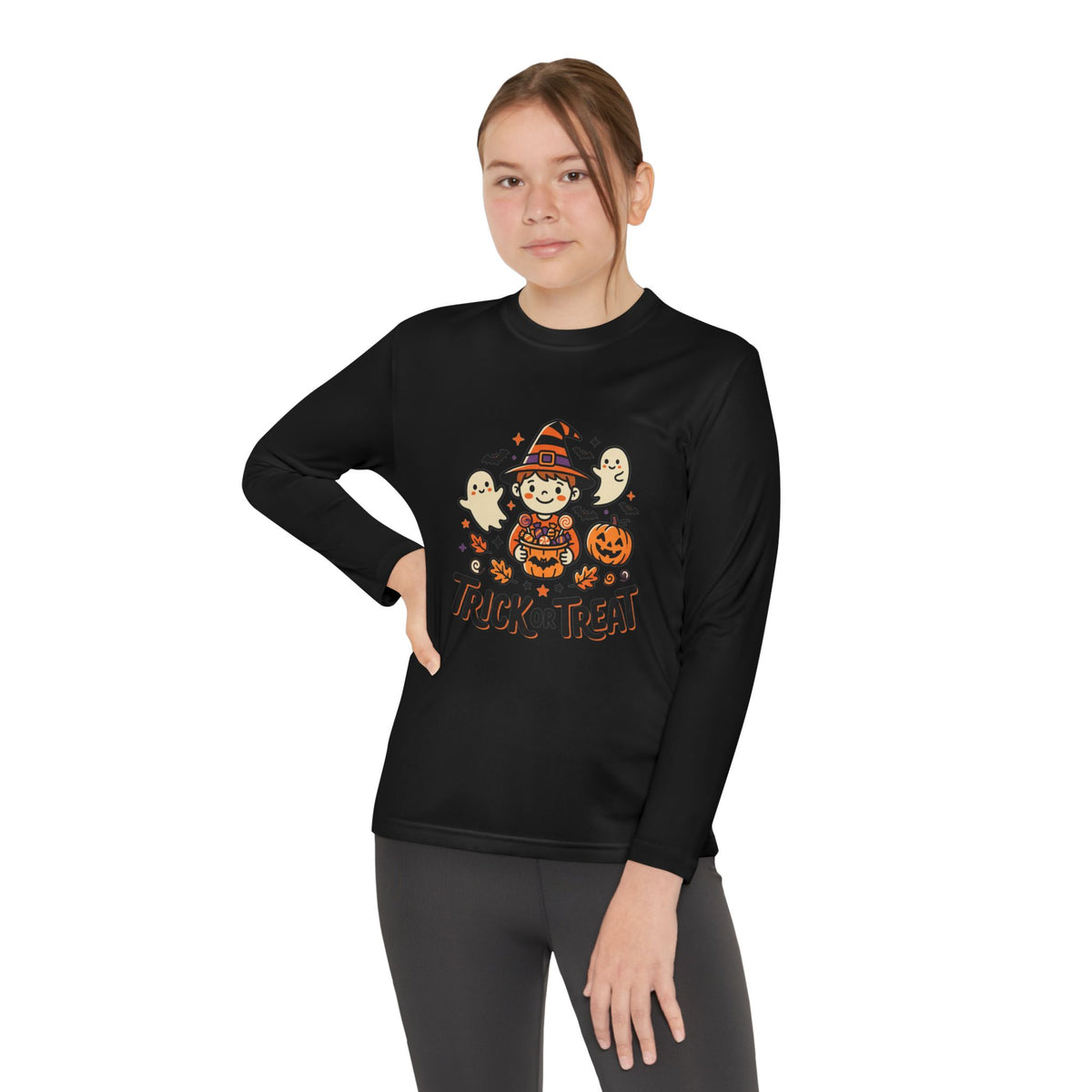 Trick or Treat Witch Kid Long Sleeve Shirt | Halloween Ghosts Pumpkins