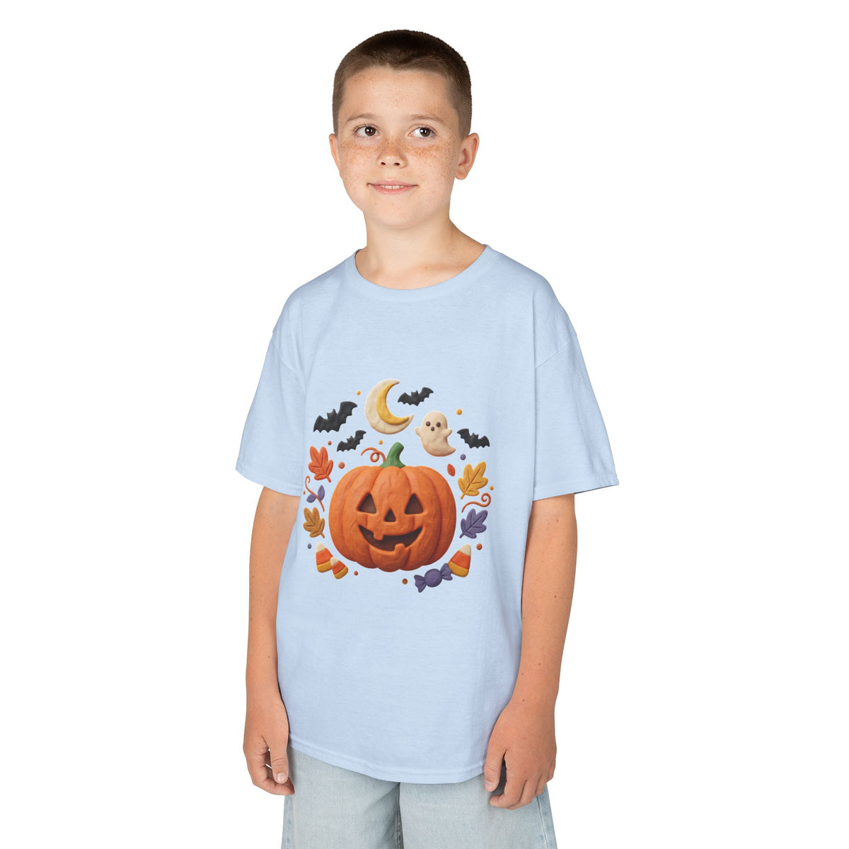 Jack-o'-Lantern Pumpkin Kids Tee | Halloween Ghosts, Bats, Moon, Autumn Leaves