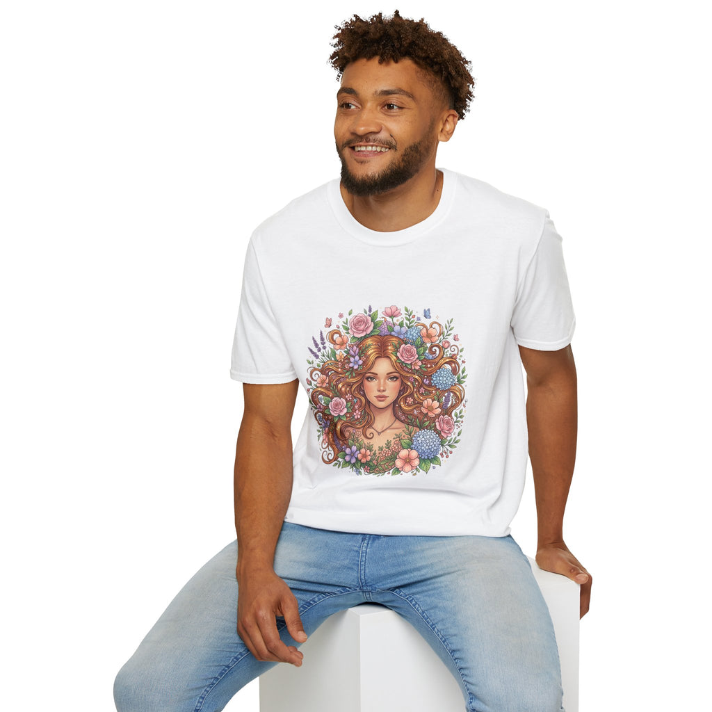 Floral Maiden T-Shirt — Vintage Boho Woman with Flowers Graphic