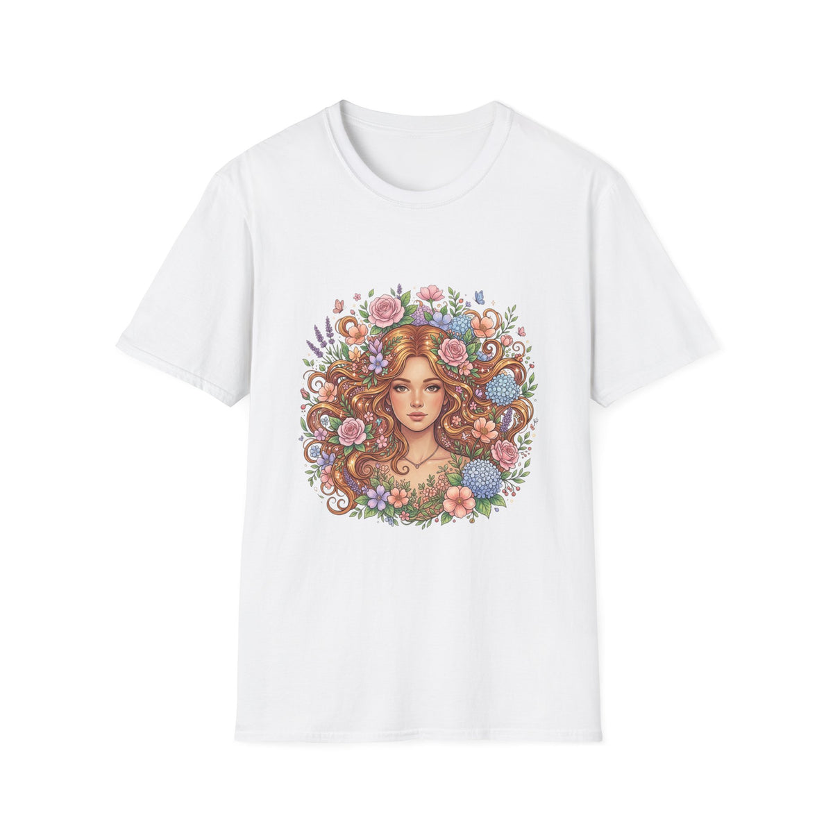 Floral Maiden T-Shirt — Vintage Boho Woman with Flowers Graphic