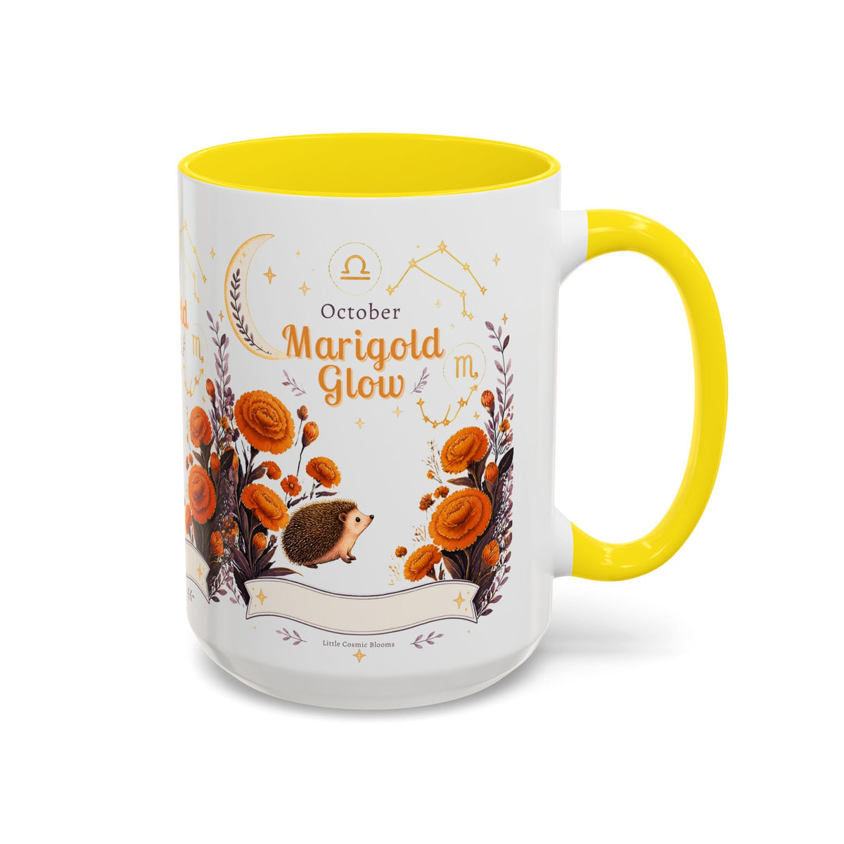 October Birth Flower Marigold Glow Accent Coffee Mug — Zodiac Libra Floral Hedgehog
