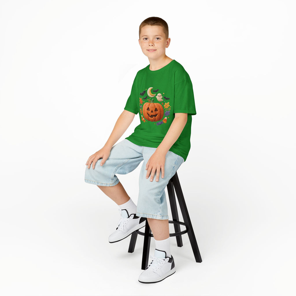Jack-o'-Lantern Pumpkin Kids Tee | Halloween Ghosts, Bats, Moon, Autumn Leaves